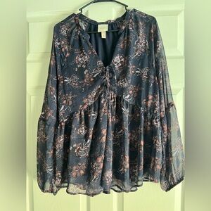 Knox Rose Navy Blue Floral Flowy Boho Peasant Long Sleeve Blouse Large